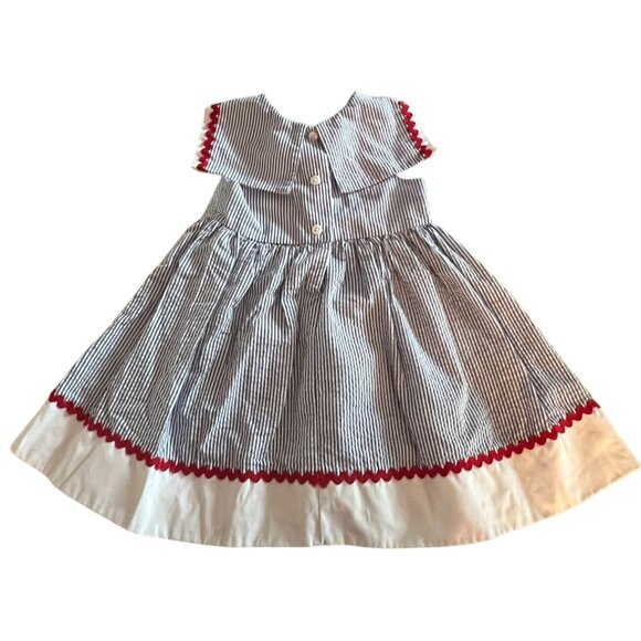 Good Lad Girls Nautical Seersucker Dress 2T Blue & White Stripes W/ Red Ric Rac - Picture 2 of 8